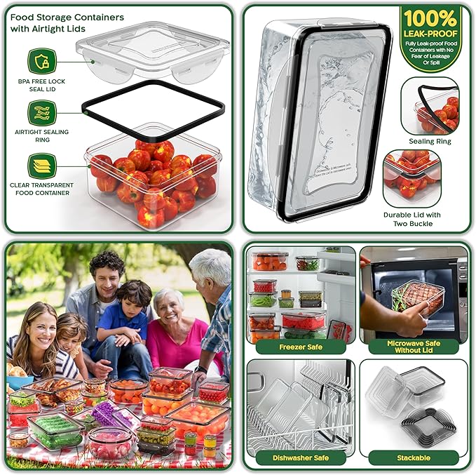 56 PCS Food Storage Containers with Lids Airtight (28 Boxes - 28 Lids) | Plastic Container for Pantry Stackable Kitchen Organization-Microwave Dishwasher,Freezer Safe 100% Leak Proof