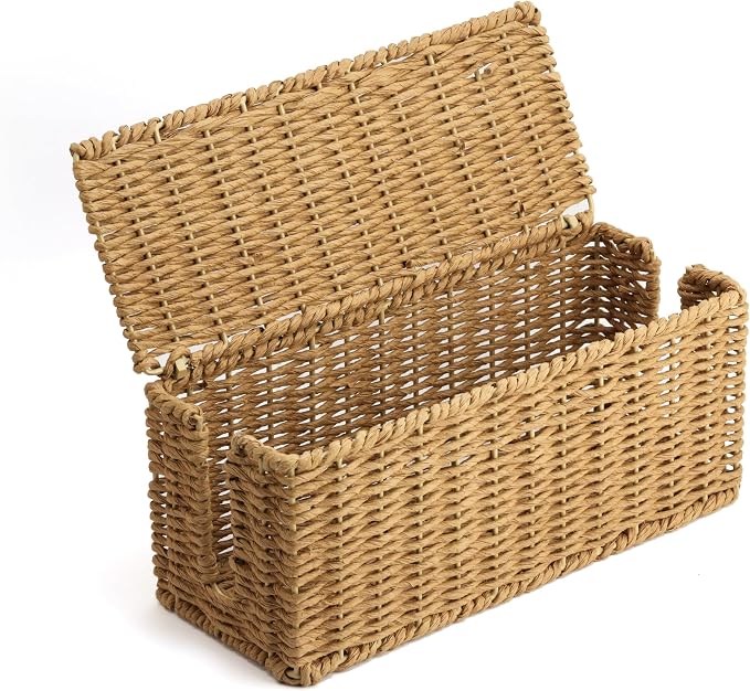 Handwoven Natural Raffia Cable Management Box with Lid – Decorative Cord Organizer for Power Strips, Surge Protectors & Charging Cables – Woven Storage Basket for Home & Office (Natural Raffia)