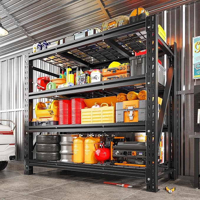 Romorgniz 3040LBS Garage Shelving for Warehouse, 51.6" W Storage Shelves | 51.6" W x 17.8" D x 72" H, 4-Tier Solid Steel Shelf, Rust-resistant, 16 Supporting Ribs for Basement, Shop, Freestanding