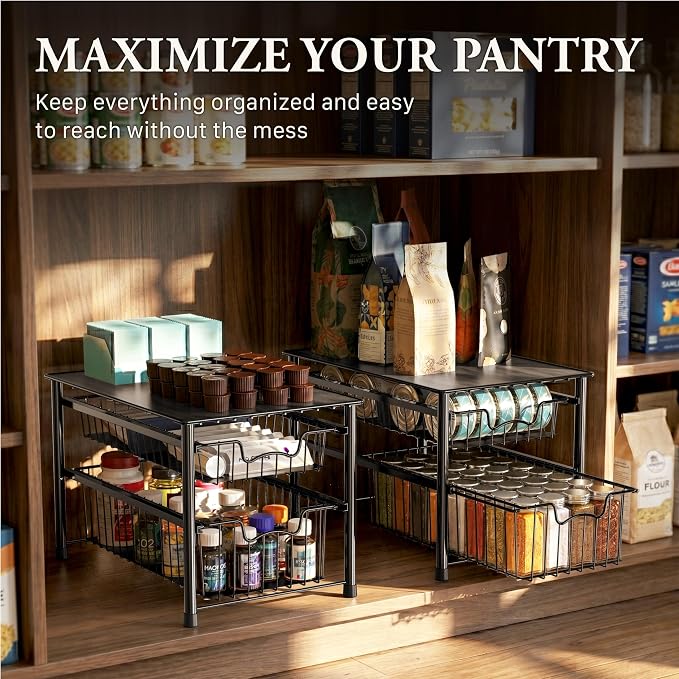 Simple Houseware Stackable Sliding Basket Organizer Drawer, Black, 2-Tier