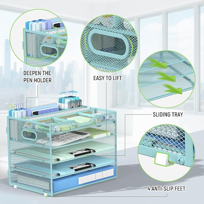 Docnest 5 Tier Mesh Desk Organizer with Removable Tray&Pen Holder, Blue | Features 3 detachable pen holders and 4 removable dividers.Versatile mesh desktop storage for mail, document,office supplie