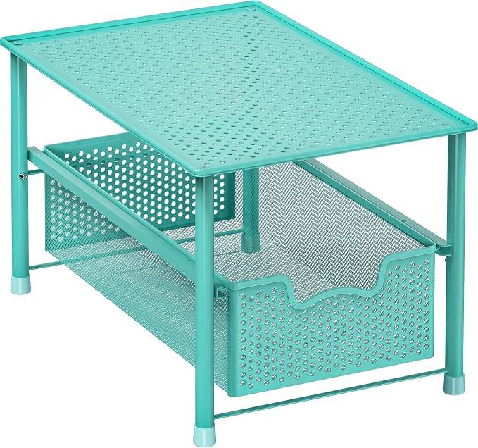 Simple Houseware Stackable Under Sink Sliding Basket Drawer, Turquoise | Perforated Free Standing Organizer, Kitchen/Pantry/Cabinet/Counter