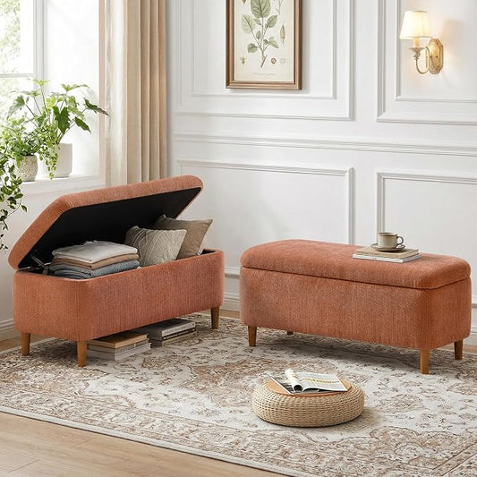 39.4”Ottoman with Storage Set of 2,Upholstered Comfy Storage Bench Ottoman with Wooden Legs,End of Bed Bench Footstool for Hallway Entryway Bedroom Living Room Corner Orange