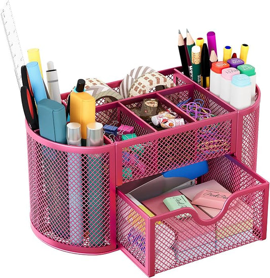 EasyPAG Mesh Pen Holder Desk Organizer with Drawer Stationery Supplies Organizer for Dorm School 9 Compartments Workspace Desk Accessories Organization for Office, Hot Pink