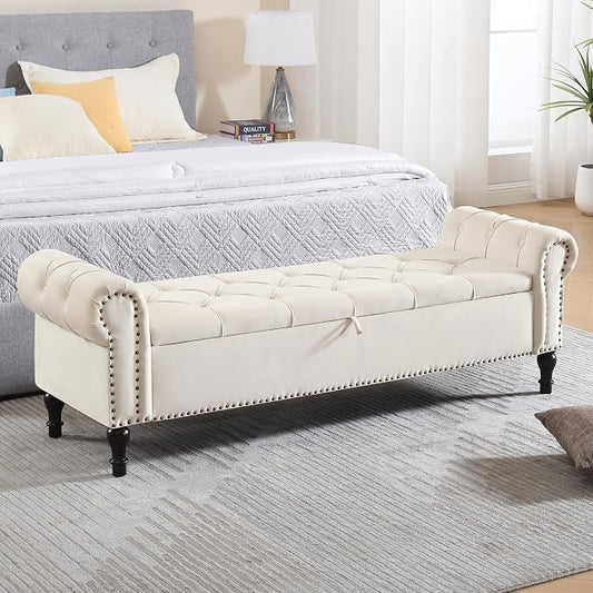 Storage Bed Bench for Bedroom, Velvet 67" End of Bed Benches, King Size Bench with Armrest, Tufted Button Upholstered Ottoman Bench for Living Room, Entryway, Cream White