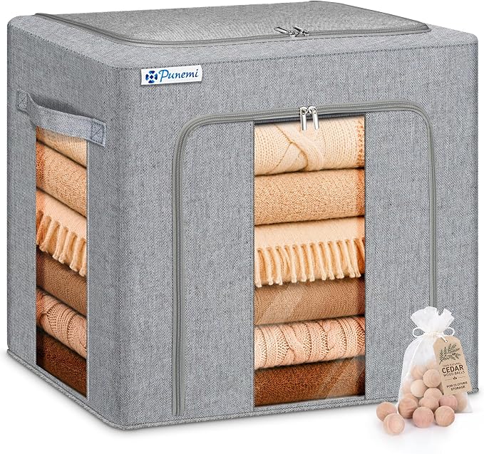 punemi 50L Cashmere Sweater Storage Bag with Steel Frame, 1 Pack, Grey | Natural Cedar Balls Included, Clear Window, for Cashmere, Wool Sweaters & Knitwear, Closet & Bedroom Storage