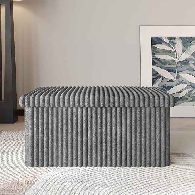HOME DESIGN Florence 30" Upholstered Folding Storage Bench, Tufted Top, Space-Saving Storage, Gray Corduroy Fabric