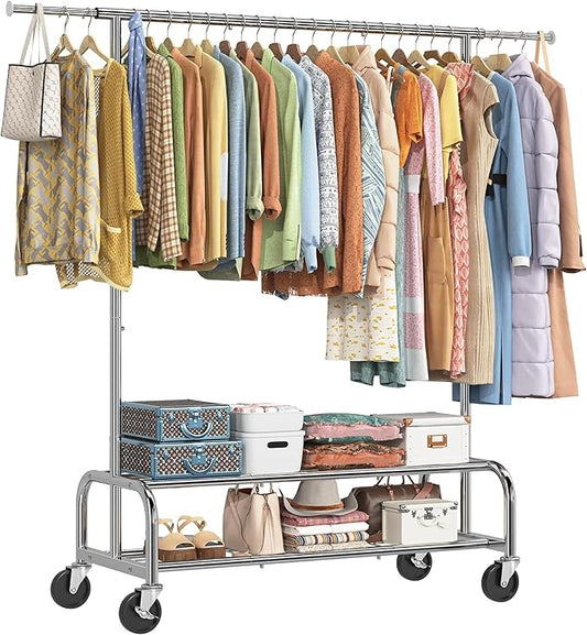 Simple Trending Heavy Duty Clothes Rack, Garment Rack with Extendable Side Rods & Bottom Shelves, 25mm Metal Clothing Rack with Wheels, Bedroom, Laundry Room, Silver