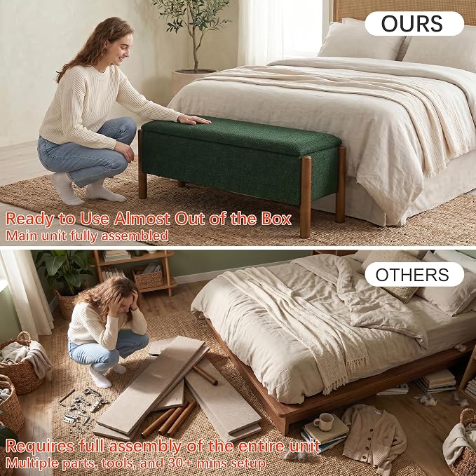47" Storage Ottoman Bench, Boucle Upholstered End of Bed Bench for Bedroom, Entryway Shoe Bench with Large Storage Space, Heavy Duty Padded Foot Rest Stool Blanket Chest for Living Room, Green