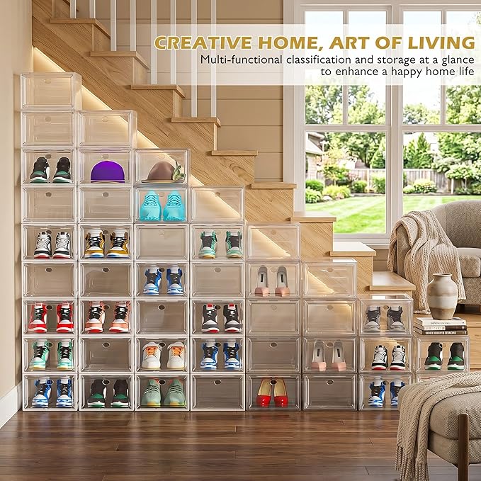 Sturdy Clear Shoe Organizer with Magnetic Door, Stackable Shoe Storage Box | Thick Plastic Shoe Storage for Sneakers & Boots, Collapsible Closet Shoe Rack and Clear Shoe Box, 6 Pack White
