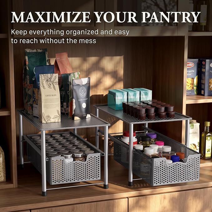Simple Houseware Stackable Under Sink Sliding Basket Drawer, Silver | Perforated Free Standing Organizer, Kitchen/Pantry/Cabinet/Counter