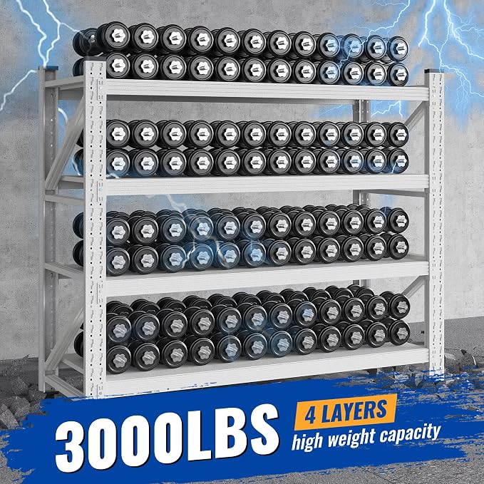 BYNSOE 48" W Storage Shelves 3000lbs Garage Metal Shelving Heavy Duty Garage Shelves Adjustable Storage Shelves for Industrial, Factory(White, 48" W X 24" D X 69" H)