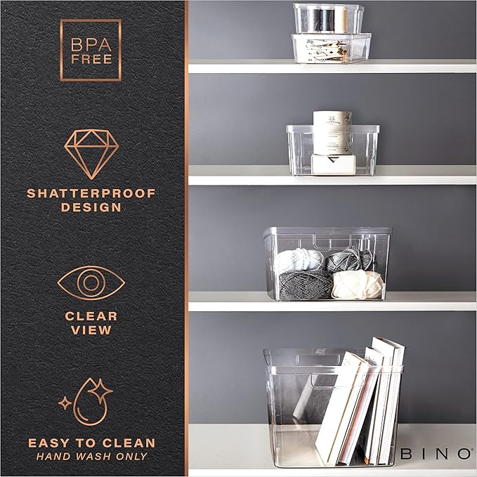 BINO | Plastic Storage Bins, Square - 3 Pack | THE LUCID COLLECTION | Multi-Use Bins | Built-In Handles | BPA-Free | Clear Containers | Fridge Organizer | Pantry & Home Organization