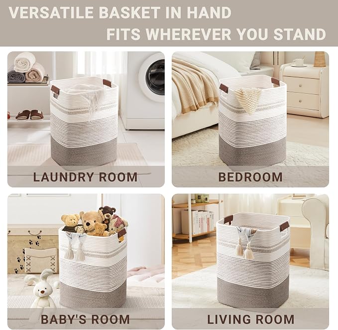 85L Tall Woven Laundry Basket Hamper with Leather Handles,DarkBrown | collapsible wicker hamper, storage for dirty clothes, toys, blankets, gifts, living room, bedroom, bathroom, 17"x14"x22"