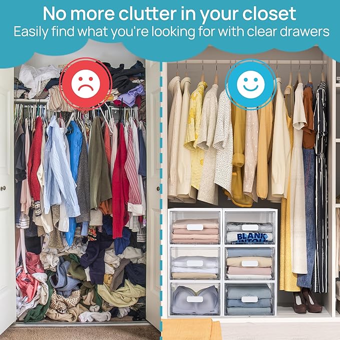 Vtopmart 4 Pack White Stackable Storage Drawers 15QT | Easily Assemble Closet Organizers,Plastic Storage Bins for Bathroom,Cabinet,Kitchen Pantry,Under Sink Organization(Medium)
