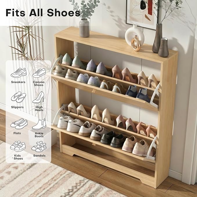 Nicetree Shoe Cabinet with 2 Flip Drawers, Narrow Shoe Organizer Cabinet, Freestanding Shoe Rack Cabinet, Modern Shoe Storage Cabinet for Entryway, Hallway, Foyer Natural Oak with Hook