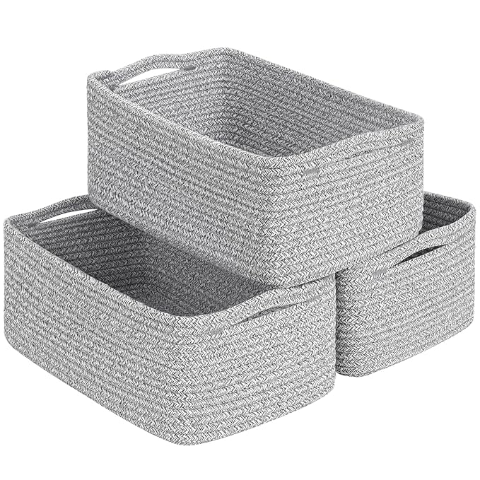 Goodpick 3-Pack Woven Baskets for Closet,13 x 8 x 5 in | Woven Baskets for Shelves, Closet Organizer Bins, Empty Baskets for Gifts,Woven Basket for Play Room, White & Gray