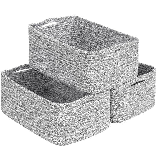 Goodpick 3-Pack Woven Baskets for Closet,13 x 8 x 5 in | Woven Baskets for Shelves, Closet Organizer Bins, Empty Baskets for Gifts,Woven Basket for Play Room, White & Gray