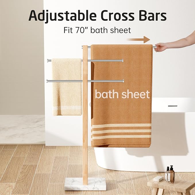 KES No Wobble Wooden Standing Towel Rack with Weighted Natural Marble Base | 3 Tier Width Adjustable Free Standing Towel Rack Stand for Bathroom, Pro-Grade 18/8 Stainless Steel, Brushed Finish