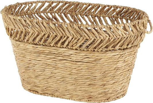 Deco 79 Seagrass Handmade Decorative and Functional Storage Basket Large Woven Oval Basket Organizer with Zig Zag Patterned Rim, Basket for Storage 30" x 20" x 17", Brown