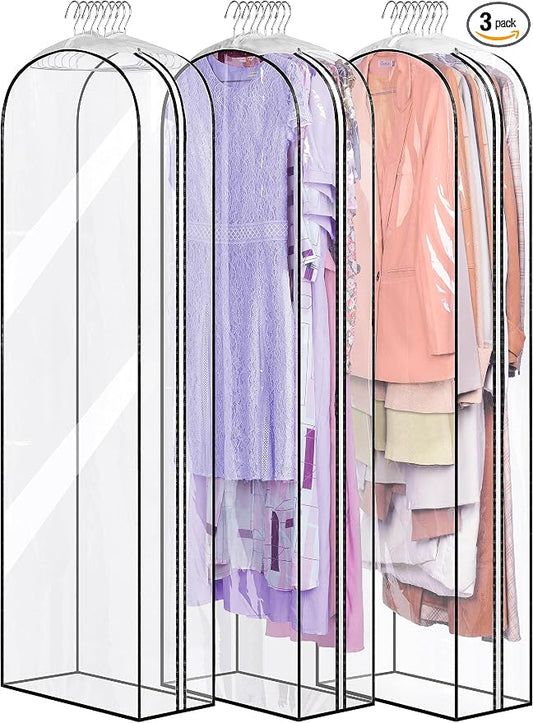 MISSLO 10" Gusseted All Clear Garment Bags for Hanging Clothes 60" Dress Bags for Gowns Long Fur Coat Closet Storage Covers, 3 Packs