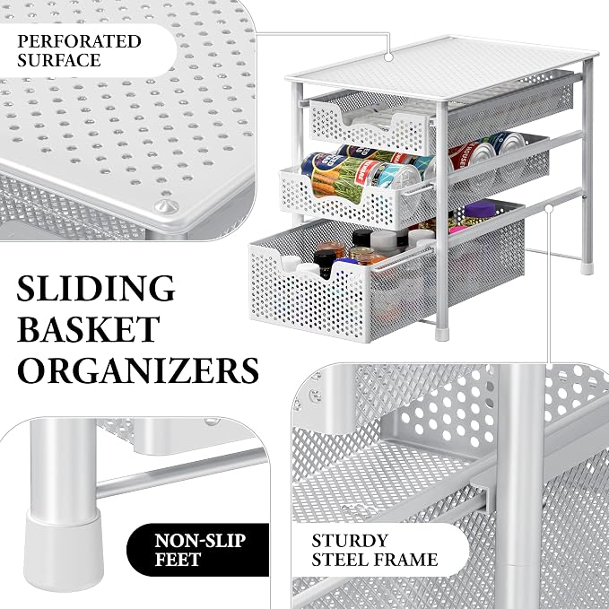 Simple Houseware 3 Tier White Alloy Steel Sliding Basket Organizer Drawer Cabinet | 3 Tier White Alloy Steel Sliding Basket Organizer Drawer Cabinet
