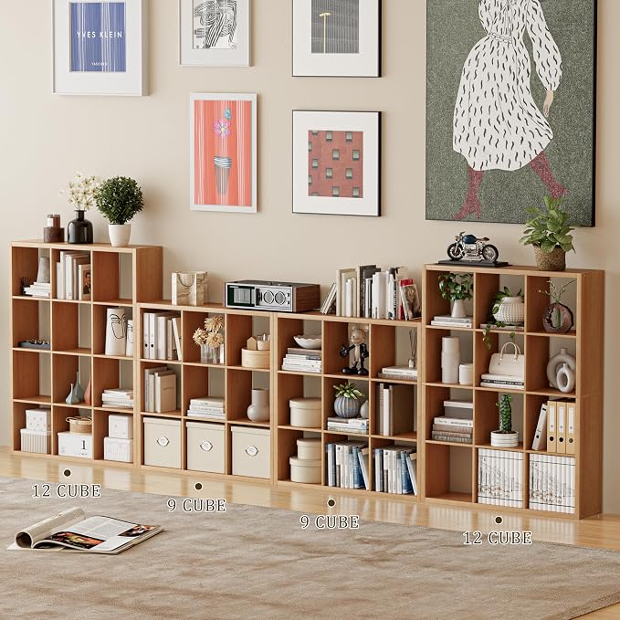 VDNEND Cube Storage Organizer Bookcase, Decorative 11 inch Open Back Cubical Shelf with Thickened Border, Display Bookshelf for Living Room, Home Office, Sturdy Room (Natural Oak, 9 Cube)