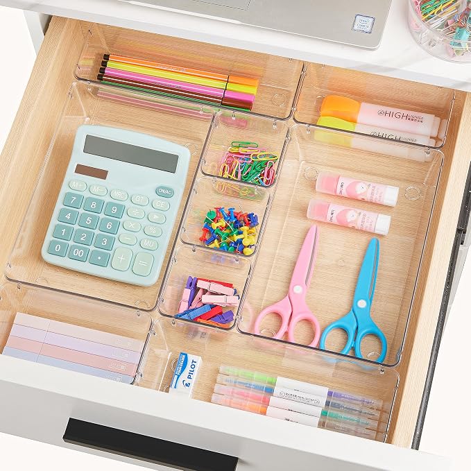 Vtopmart 25 PCS Clear Plastic Drawer Organizers Set, 4-Size Versatile Bathroom and Vanity Drawer Organizer Trays, Storage Bins for Makeup, Bedroom, Kitchen Gadgets Utensils and Office | 4-Size Versatile Makeup Organizer, Storage Containers Small Bins f...