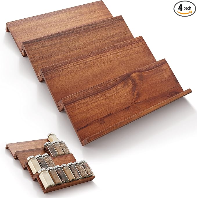 Tinamo Acacia Wooden Spice Rack Organizer for Cabinet - Spice Drawer Insert, Spice Organization for Cabinet, Seasoning Organizer, Spice Holder Pack of 4 (Acacia pack 4) | Acacia Wood Construction, No assembly Required, Stackable 4-tray Design, Spacious...