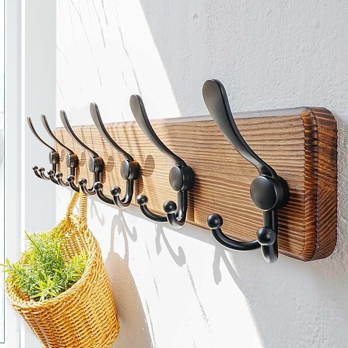 Coat Rack Wall Mounted - 24" Long 6 Tri Hooks, Heavy Duty Wooden Wall Coat Hanger Coat Hook for Clothes Hat Jacket Clothing, Natural and Black