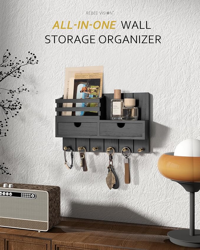 Rebee Vision Key Holder Wall Mount with 6 Key Hooks for Home Decor, Black | Modern Mail Organizer, Key Hanger, Shelf, 2 Drawer Organizer, Home Decor Aesthetic, Apartment Essentials, Decorative Storage