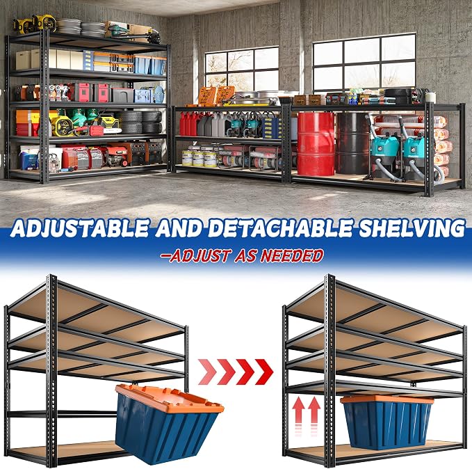 48" W Garage Shelving, Garage Storage Shelves Heavy Duty 3000LBS, 5 Tire Adjustable Metal Shelving Unit Industrial Shelving for Warehouse, Pantry, Closet, Kitchen, 72" H x 48" W x 18" D, Black