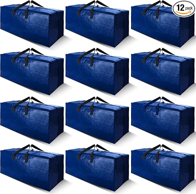 Cosy Family 12 Pack Heavy Duty Moving Bags with Backpack Straps - Strong Handles & Zippers, Storage Totes For Space Saving, Fold Flat, Alternative to Moving Box (X-Large-Set of 12, Blue)