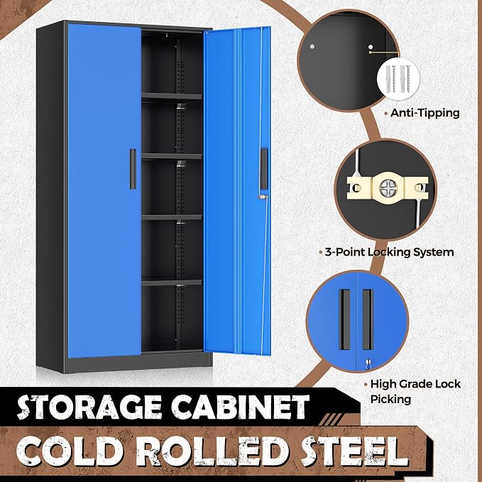 INTERGREAT Metal Storage Cabinet, 72” H Storage Cabinet with Doors and Adjustable Shelves for Office, Home, Garage, Pantry (Assembly Required, Black Blue)