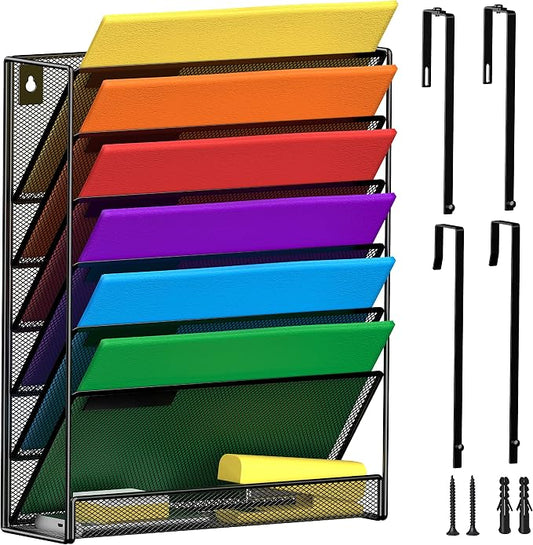 MINDEPOT 7-Tier Wall Hanging File Organizer Cubicle Hanging Organizer Mount File Holder, Mesh Magazine Document Mail Organizer Wall Organizer for Office School Home, Black