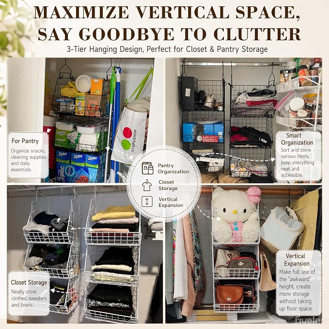 X-cosrack 3-Tier Hanging Closet Organizer, Laundry Room Organization | Space Saving Shelves with 1.65" Hook & 5 S-Hooks | Hanging Wire Baskets (12.4" W x 8.8" H x 10.24-11.8" D)