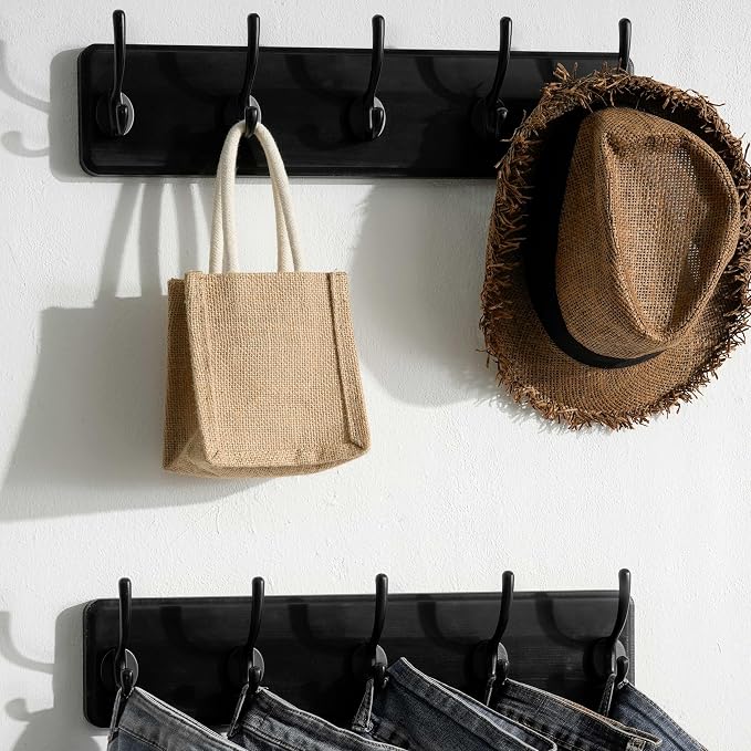 SKOLOO Rustic Wall Mounted Coat Rack, Case of 2, Pine Solid Wood Coat Hook Hanger - 5 Hooks for Hanging Clothes Robes Towels Coats