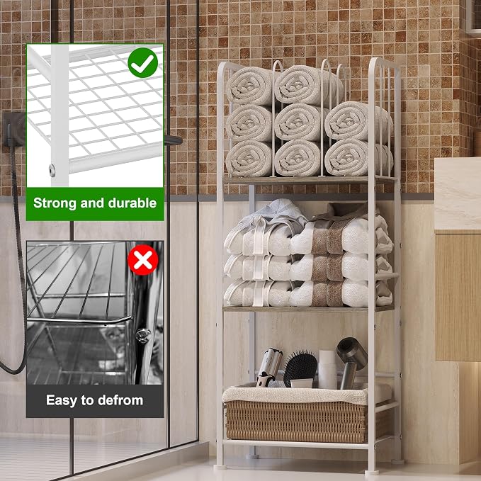 3-Tier Freestanding Towel Racks for Bathroom, White Towel Rack Stand | Detachable M-shaped Dividers for Bath Towel Storage Premium Iron & Wood Holder Crafted for Bathroom Organization