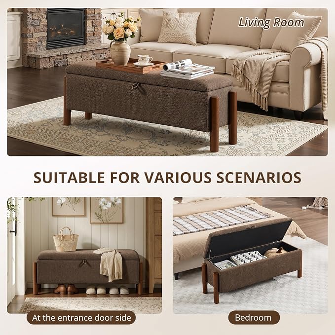 55'' Modern Storage Ottoman Benches | Walnut Wood Legs 26 Gallons Storage Space Fabric Upholstered Seating End of Bed for Bedroom Livingroom Brown