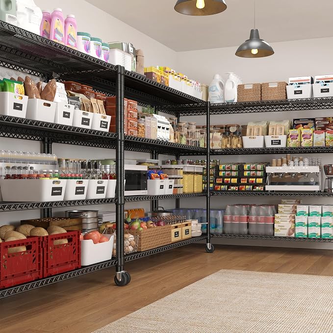 REIBII 60"W 4-Tier Storage Shelves with Wheels, 2399 lbs for Garage Kitchen | Heavy duty metal shelving, 18''D x 65.5''H, Adjustable, Lockable wheels, Tool-free assembly, For pantry basement commercial