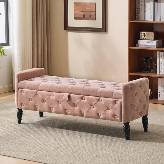 Royal Windsor 48" Ottoman with Storage,Tufted Storage Bench with Safety Hinge,Holds up to 350 lb,Black Wood Legs,Upholstered Bench with Arms for Bedroom,Living Room,Entryway,Linen Pink