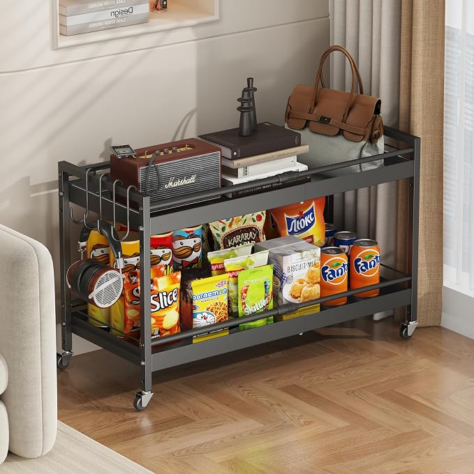 2 Tier Expandable Rolling Cart with wheels, pantry organizers and storage | kitchen Storage Cart for cans,food,snack and appliances，Adjustable shelf board height，Black,12.59"D×19.29-30.9"W×19.29"H