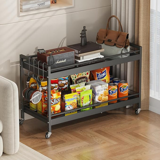 2 Tier Expandable Rolling Cart with wheels, pantry organizers and storage | kitchen Storage Cart for cans,food,snack and appliances，Adjustable shelf board height，Black,12.59"D×19.29-30.9"W×19.29"H