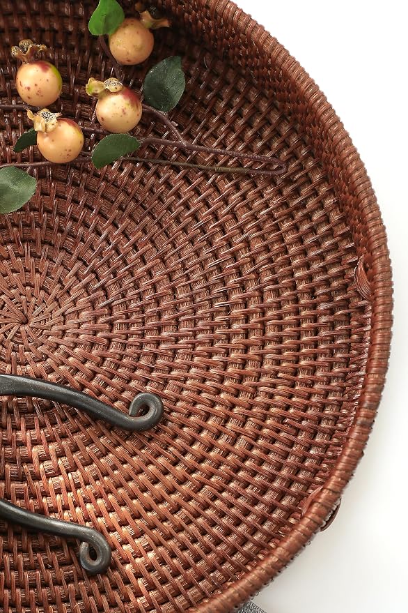HITOMEN 11.8" Hand-Woven Round Rattan Serving Tray Decorative Wicker Trays with Handles for Coffee Table (Brown-M)