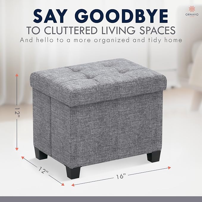 Ornavo Home Small Rectangle Storage Ottoman with Legs, 12x16x12, Gray | Foot Rest Stool Seat; Holds Up to 600 lbs; Ideal for Living Room, Bedroom, Home Office or Dorm