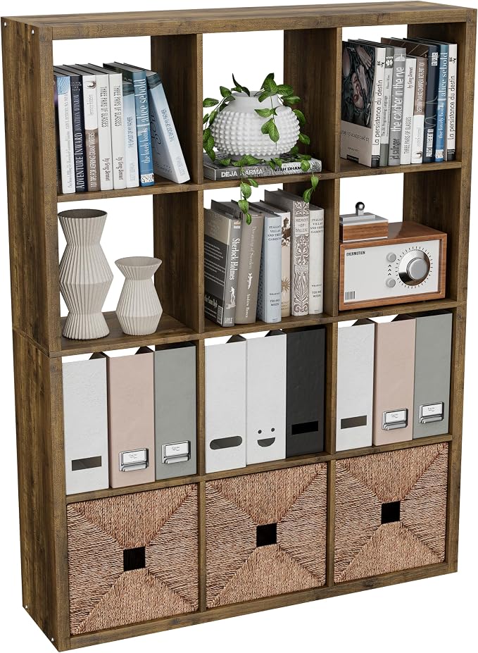 VDNEND Cube Storage Organizer Bookcase, Decorative 11 inch Open Back Cubical Shelf with Thickened Border, Display Bookshelf for Living Room, Home Office, Sturdy Room (Brown, 12 Cube)