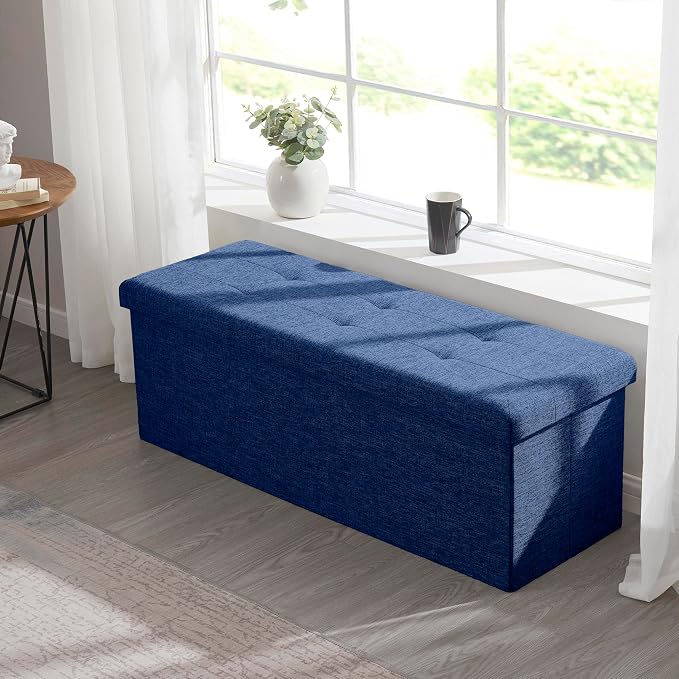Ornavo Home 43 Inch Folding Extra Large Storage Bench, Linen, Navy Blue | Upholstered Tufted Ottoman with Lid; Foot Rest Stool; Ideal for Bedroom, Living Room or Entryway