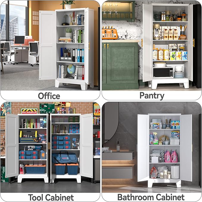 PAOFIN White Metal Kitchen Storage Cabinet, Kitchen Pantry Storage Cabinet with Doors and Shelves, Storage Cabinet with Adjustable Leveling Foot for Kitchen, Living Room and Dining Room. 61" H