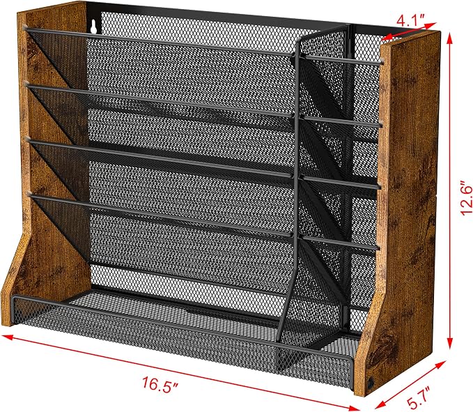Jakyitvi 5 Tiers Ironwood Wall Desk File Holder Organizer Organizer, Brown | Adjustable mesh dividers, space saving hanging desk rack, stable R-shaped bottom base tray, multi functional office mailbox