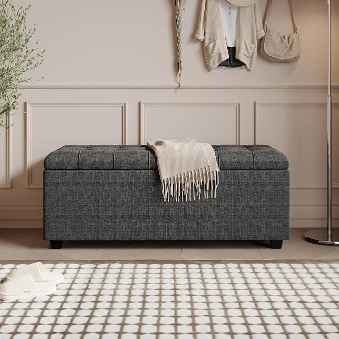 38" Dark Grey Fabric Storage Ottoman Bench with Hinged Lid | Solid wood frame bench, 4-leg easy assembly. Use as end-of-bed, footrest, entryway seat. Hinged hidden storage, multi-use.